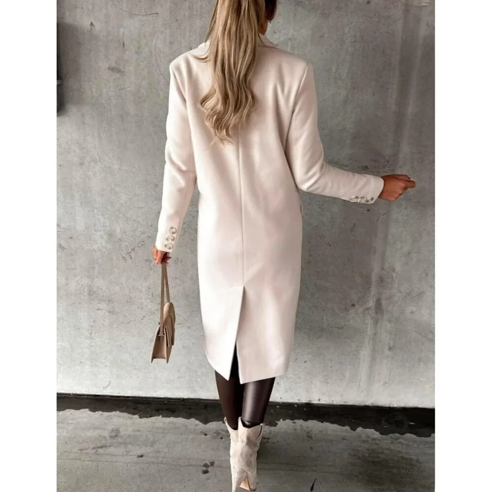 Womens Beige Long Wool Coat Double Breasted Trench Coat Fall Winter Clothes - Picture 4 of 4